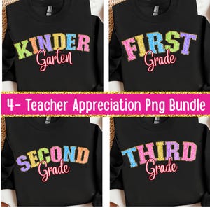 May include: Four black long-sleeved shirts with colorful text designs. Each shirt features a grade level: Kindergarten, First Grade, Second Grade, and Third Grade. The text is in a rainbow color scheme with a cursive font for the word "Grade".