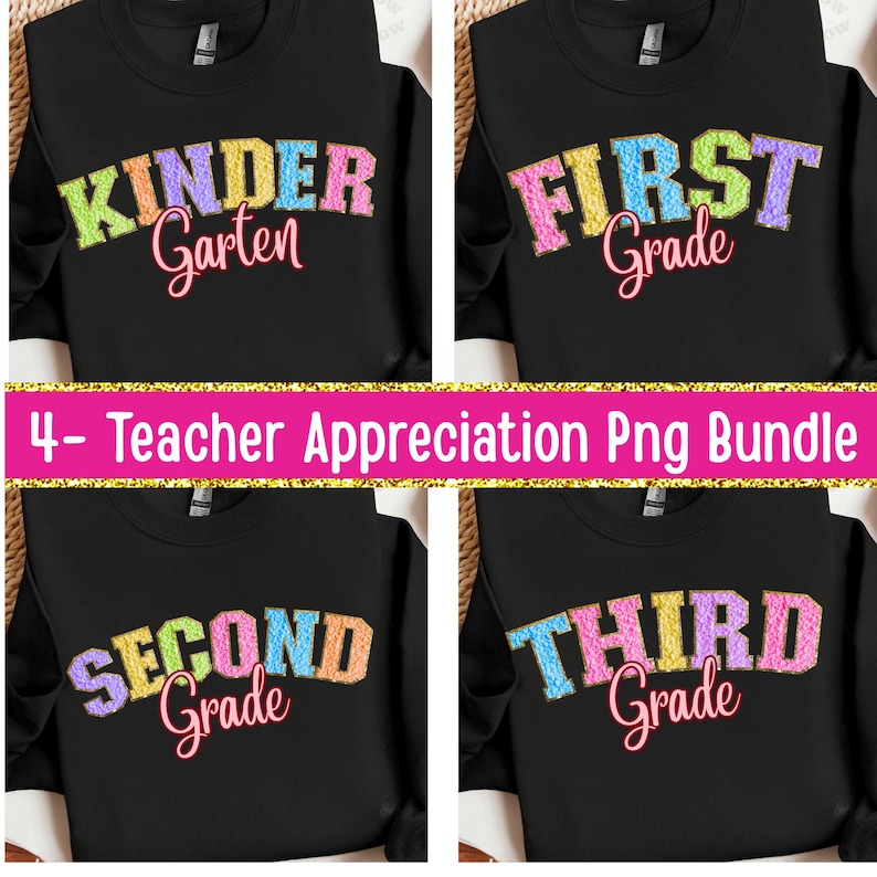 May include: Four black long-sleeved shirts with colorful text designs. Each shirt features a grade level: Kindergarten, First Grade, Second Grade, and Third Grade. The text is in a rainbow color scheme with a cursive font for the word "Grade".