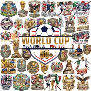 May include: A digital collection of over 50 soccer-themed graphic designs featuring the World Cup 2026, including illustrations of gold trophies, soccer balls, national flags, and players, with text reading World Cup Mega Bundle PNG, SVG.