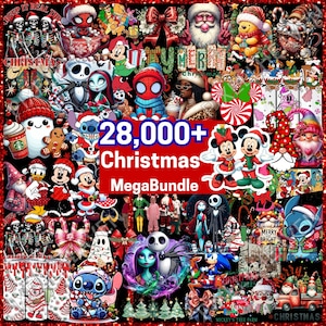 May include: A digital collection of Christmas-themed graphics featuring various cartoon characters, including Mickey and Minnie Mouse, Stitch, Jack Skellington, and Santa Claus, with the text 28,000+ Christmas MegaBundle displayed in the centre.