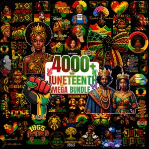 Op de afbeelding: Een digitale collectie van Juneteenth-thema afbeeldingen met illustraties van zwarte personen, kronen, opgeheven vuisten, vlinders en bomen in rood, zwart, groen en geel, met de tekst 4000+ JUNETEENTH MEGA BUNDLE.