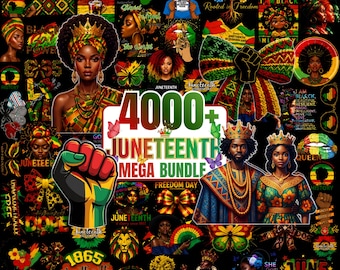 May include: A digital collection of Juneteenth-themed graphics featuring illustrations of Black individuals, crowns, raised fists, butterflies, and trees in red, black, green, and yellow colors, with the text 4000+ JUNETEENTH MEGA BUNDLE.