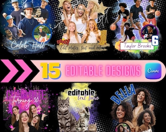 Può includere: Un design digitale con 15 modelli modificabili. I modelli includono temi come baseball, basket e feste di compleanno. Ogni modello consente la personalizzazione di foto, testo e colori. I modelli sono su sfondo nero.