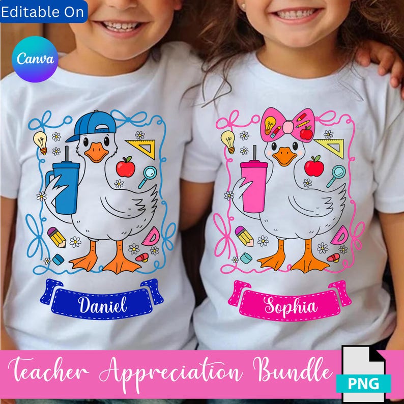 May include: Two white t-shirts with duck graphics holding school supplies. One duck wears a blue cap and holds a blue drink, the other wears a pink bow and holds a pink drink. Each shirt has a name banner and a Teacher Appreciation Bundle text.