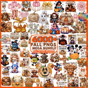 Op de afbeelding: Een digitale collectie van 6000+ herfst-thema PNG-ontwerpen met pompoenen, geesten, stripfiguren, seizoensgebonden gebladerte en tekst. De afbeeldingen bevatten diverse illustraties van personages, dieren en feestelijke herfstmotieven.