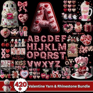 420+ Valentine Faux Yarn PNG Bundle & Rhinestone, Bling Crystal, Crochet Knit, Coquette Love Alphabet, Crystal Mosaic Jewel Diamond Gemstone image 1