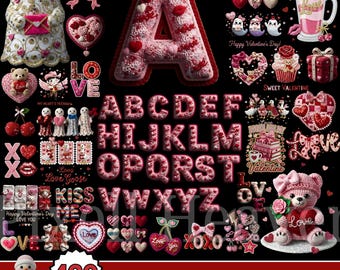 420+ Valentine Faux Yarn PNG Bundle & Rhinestone, Bling Crystal, Crochet Knit, Coquette Love Alphabet, Crystal Mosaic Jewel Diamond Gemstone