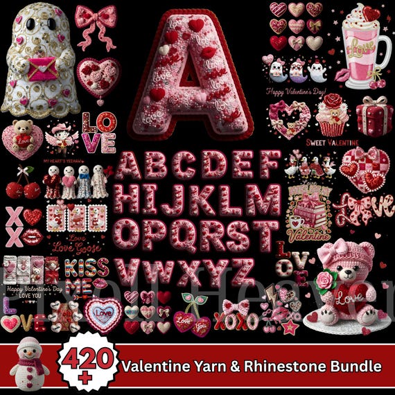 420+ Valentine Faux Yarn PNG Bundle & Rhinestone, Bling Crystal, Crochet Knit, Coquette Love Alphabet, Crystal Mosaic Jewel Diamond Gemstone