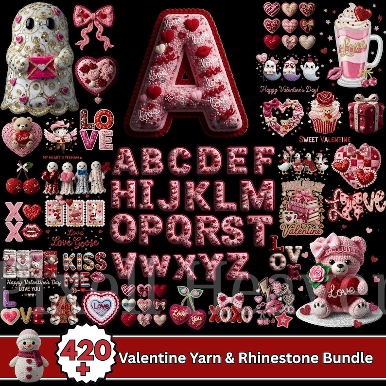 420+ Valentine Faux Yarn PNG Bundle & Rhinestone, Bling Crystal, Crochet Knit, Coquette Love Alphabet, Crystal Mosaic Jewel Diamond Gemstone image 1