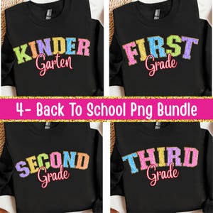 May include: Four black long-sleeved shirts with colourful text designs. Each shirt features a different grade level: "Kinder Garten", "First Grade", "Second Grade", and "Third Grade". A pink banner reads "4- Back To School Png Bundle".
