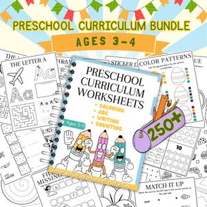 May include: A spiral-bound preschool curriculum workbook for ages 3-4 featuring a cover with three cartoon pencils and the text Preschool Curriculum Worksheets, Coloring, ABC, Writing, Counting. Includes a purple pencil case graphic with 250+ text.