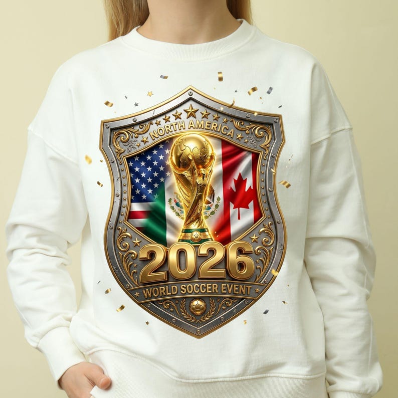May include: A white long-sleeve sweatshirt featuring a central graphic of a gold trophy inside a shield. The shield displays the flags of the United States, Mexico, and Canada, with the text NORTH AMERICA, 2026, and WORLD SOCCER EVENT.