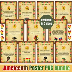 May include: A collection of twelve educational posters about Juneteenth, each featuring a parchment-style background, a decorative border of red, green, and yellow symbols, the text JUNETEENTH, a Did You Know circle, and various historical facts and illustrations.