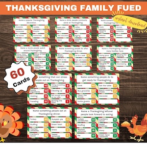 May include: A set of 60 Thanksgiving-themed game cards with red, green, and white striped borders. The cards feature various Thanksgiving-related topics, such as decorations, drinks, traditions, and foods. The cards are designed to be used for a family feud-style game.