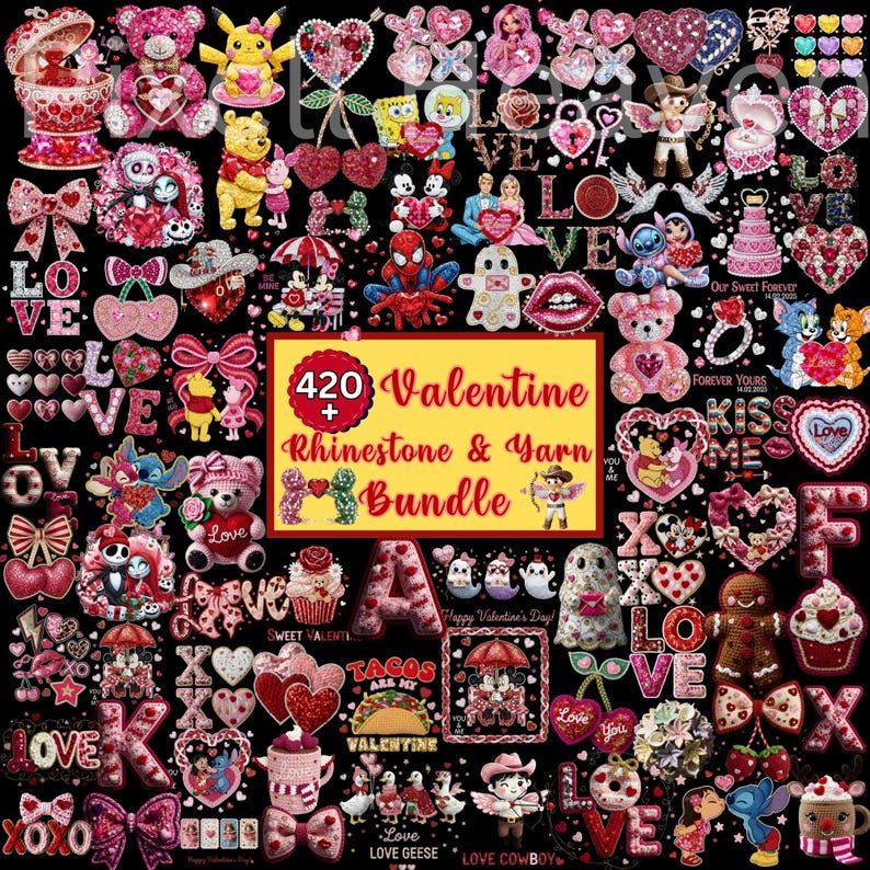 420+ Valentine Faux Yarn PNG Bundle & Rhinestone, Bling Crystal, Crochet Knit, Coquette Love Alphabet, Crystal Mosaic Jewel Diamond Gemstone image 2