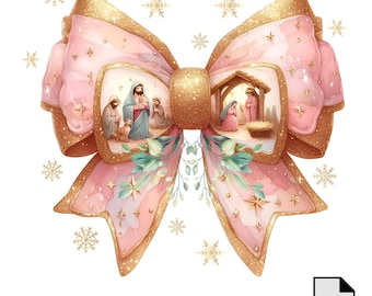 Jesus Christmas Coquette Bow Png, Christian Christmas Png, Nativity Scene Png, Baby Jesus Png, Bible Verse Png, Glitter, Pink Christmas Png