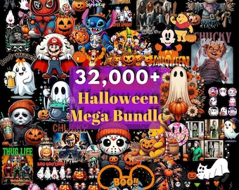 May include: A digital collection of Halloween-themed graphics featuring various cartoon characters, ghosts, pumpkins, and horror icons. The central text reads 32,000+ Halloween Mega Bundle, surrounded by numerous colorful illustrations on a black background.