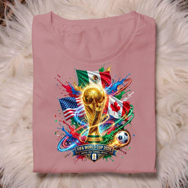 May include: A dusty rose t-shirt featuring a graphic of the FIFA World Cup 2026 trophy, the flags of Mexico, the USA, and Canada, and a soccer ball. The design includes colorful paint splashes and the text FIFA WORLD CUP 2026 UNITED USA CANADA MEXICO.