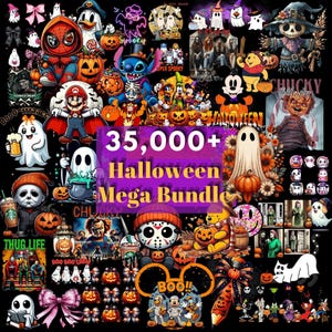 May include: A digital collection of Halloween-themed graphics featuring various cartoon characters, ghosts, pumpkins, and horror icons on a black background. The central text reads 35,000+ Halloween Mega Bundle in yellow and white lettering.