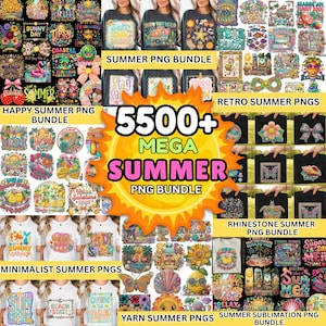 Puede incluir: Imagen promocional que muestra una gran colección de gráficos PNG con temática de verano. La imagen incluye diseños para camisetas y otros artículos, con texto como "Happy Summer" y "Retro Summer". El gráfico central dice "5500+ MEGA SUMMER PNG BUNDLE."
