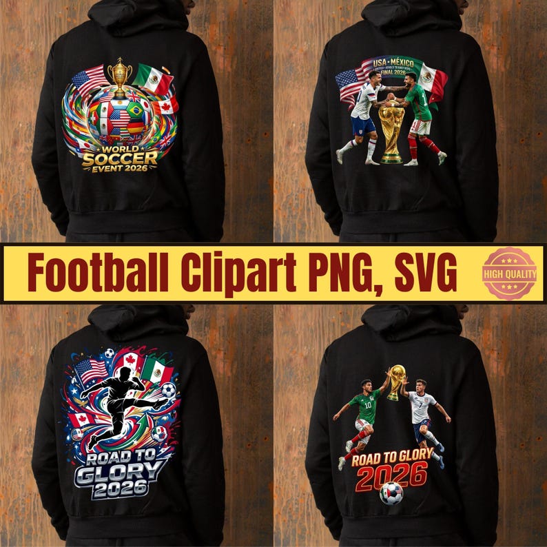 May include: A black hoodie featuring four distinct graphic designs related to the 2026 soccer event. The prints include soccer players, national flags, the world trophy, and text such as World Soccer Event 2026, USA-Mexico Final 2026, and Road to Glory 2026.