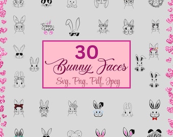 Paquete de 30 caras de conejito Svg PNG, Svg de Pascua, conjunto de caras de conejito de Pascua, conejito de Pascua, conejito de Pascua Svg y PNG, archivos de corte de conejito para Cricut, de moda.