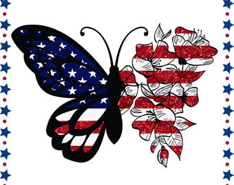 Patriotic American Flag Butterfly Png, 4th Of July, Fourth Of July, America, Independence Day, Floral Butterfly Png, Sublimation Designs.