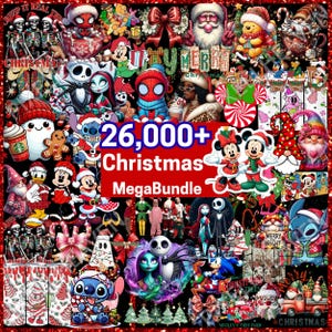 Puede incluir: Una colección digital de gráficos con temática navideña que presenta varios personajes de dibujos animados, incluidos Mickey y Minnie Mouse, Stitch, Jack Skellington y Santa Claus, con el texto 26,000+ Christmas MegaBundle en rojo.