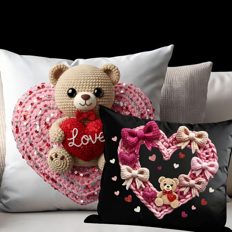 May include: A collection of decorative pillows featuring heart and teddy bear designs. One pillow has a pink heart with sequins and a crocheted teddy bear holding a red heart with the word "Love". Another pillow is black with a pink heart and bows.