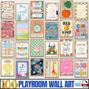 May include: A collection of twenty-five rectangular wall art prints featuring colorful illustrations, motivational quotes, and educational themes including space, animals, and nature, arranged in a grid pattern on a plain white background.