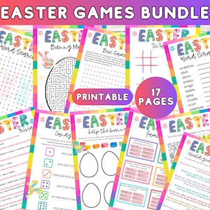 May include: A printable Easter games bundle with 17 pages of games, including word searches, mazes, tic-tac-toe, trivia, and candy games. The games feature colorful Easter-themed illustrations and text.