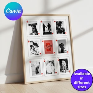 May include: A framed collage featuring nine playing card designs, each with a black and white photograph. The central card reads "Lucky us" in red. The frame is light wood, and the overall theme is romantic.