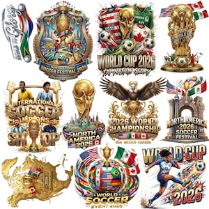 May include: A collection of twelve graphic designs featuring soccer themes, golden trophies, world maps, and flags of the USA, Mexico, and Canada. The illustrations include text such as World Cup 2026, North America 2026, and International Soccer Festival.