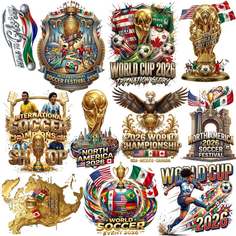 May include: A collection of twelve graphic designs featuring soccer themes, golden trophies, world maps, and flags of the USA, Mexico, and Canada. The illustrations include text such as World Cup 2026, North America 2026, and International Soccer Festival.