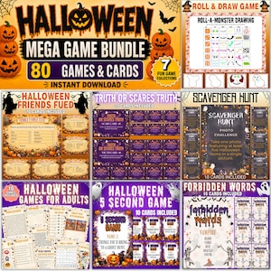 May include: A Halloween mega game bundle featuring 80 games and cards, including a roll and draw game, scavenger hunt, truth or scares truth, forbidden words, and other printable activities with orange, purple, and black spooky graphics.