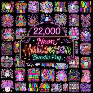 Peut inclure: Une collection numérique de 22 000 graphiques PNG sur le thème d'Halloween au néon, avec des fantômes, des citrouilles, des crânes et des chauves-souris aux couleurs vives et éclatantes. Le texte central indique 22,000 Neon Halloween Bundle Png.