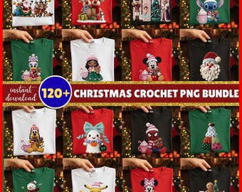 Op de afbeelding: Een digitale collectie van 120 kerst-t-shirtontwerpen met haakstijl-afbeeldingen van feestelijke figuren zoals de kerstman, rendieren en iconen op witte, rode, groene en zwarte t-shirts met de tekst 120+ CHRISTMAS CROCHET PNG BUNDLE.