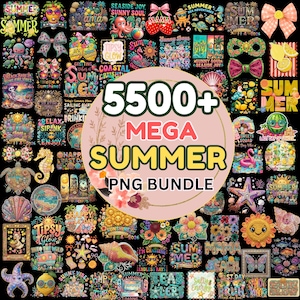 Peut inclure: Une collection de graphiques PNG sur le thème de l'été. L'image présente divers motifs avec du texte comme "Summer", "Sunshine" et "Beach Vibes", ainsi que des illustrations de créatures marines, de fruits et de fleurs. Le texte central indique "5500+ MEGA SUMMER PNG BUNDLE."