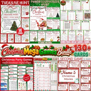 May include: A digital Christmas mega games bundle featuring a treasure hunt, photo scavenger hunt, and various party games. The collection includes printable cards with festive graphics, red and green color schemes, and text such as Christmas Mega Games Bundle and 130+ Cards.