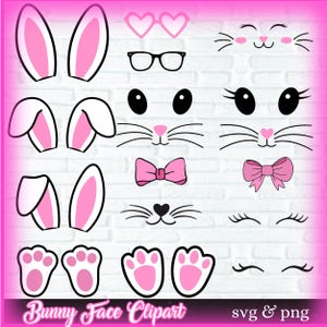 May include: A set of pink and black bunny face clipart elements, including ears, eyes, noses, whiskers, bows, paws, and eyelashes. The clipart is perfect for creating custom bunny designs for crafts, cards, and more.