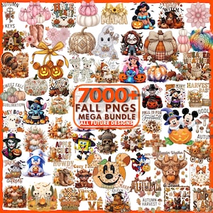 May include: A digital collection of 7000+ fall-themed PNG designs featuring pumpkins, ghosts, cartoon characters, autumn foliage, and seasonal text. The graphics include various illustrations of characters with pumpkins, skulls, and festive fall motifs.