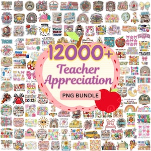 Op de afbeelding: Een verzameling kleurrijke PNG-afbeeldingen met een thema van waardering voor leraren. De afbeelding bevat verschillende ontwerpen, waaronder regenbogen, appels en tekst zoals "Teacher Appreciation" en "PNG Bundle". De afbeelding bevat meer dan 12.000 afbeeldingen.