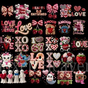 May include: A collection of Valentine's Day themed crafts and decorations. Includes embroidered hearts, bows, teddy bears, and the word "LOVE" in various styles. The color palette is primarily pink, red, and white.