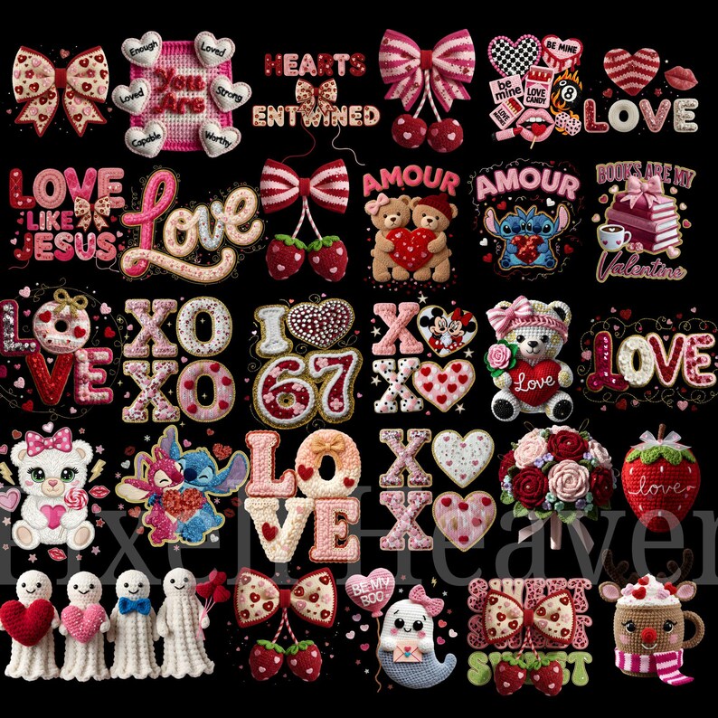 May include: A collection of Valentine's Day themed crafts and decorations. Includes embroidered hearts, bows, teddy bears, and the word "LOVE" in various styles. The color palette is primarily pink, red, and white.