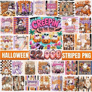 May include: A digital collection of Halloween-themed graphic designs featuring ghosts, pumpkins, and seasonal text. The images include various illustrations of ghosts in hats, pumpkins, and colourful patterns with phrases like Spooky Season and Creepin by the Pool.