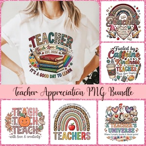 May include: A white t-shirt with a colorful graphic that says "TEACHER" and "Teach-Love-Inspire". The design includes books, pencils, and a paint palette. The image also shows other teacher-themed designs, including gnomes and coffee cups.