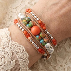 Orange Leather Wrap Bracelet, Boho Beaded Whimsical Jewelry, Button-and-Loop Closure [B135]