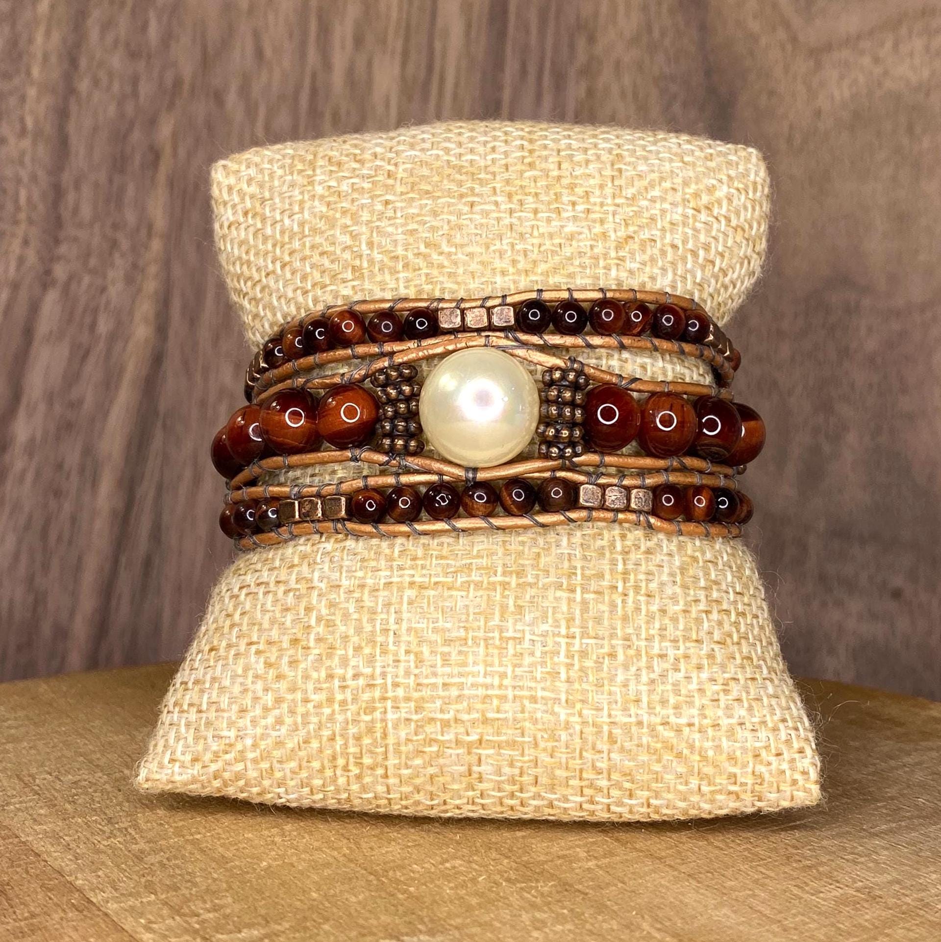 Burnt Orange Leather Wrap Bracelet, Pearl Accent Beaded Boho  display picture 2