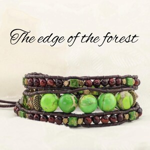 Green & Brown Leather Wrap Bracelet: Jasper, Cats-eye, Preciosa Crystal Beaded Jewelry [B063]