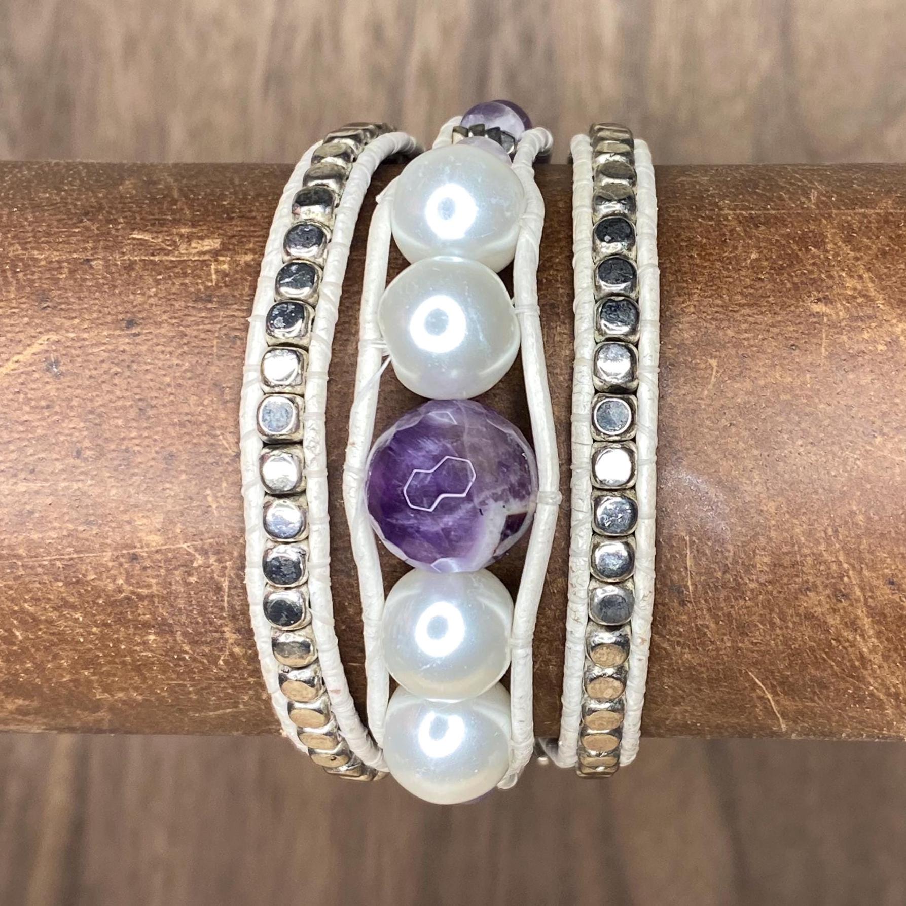 NEW IN BOX PERLO WRAP BRACELET LEATHER STRAP AMETHYST CHARMS Amethyst & Black Hematite, Single Leather Wrap Bracelet  main image 2
